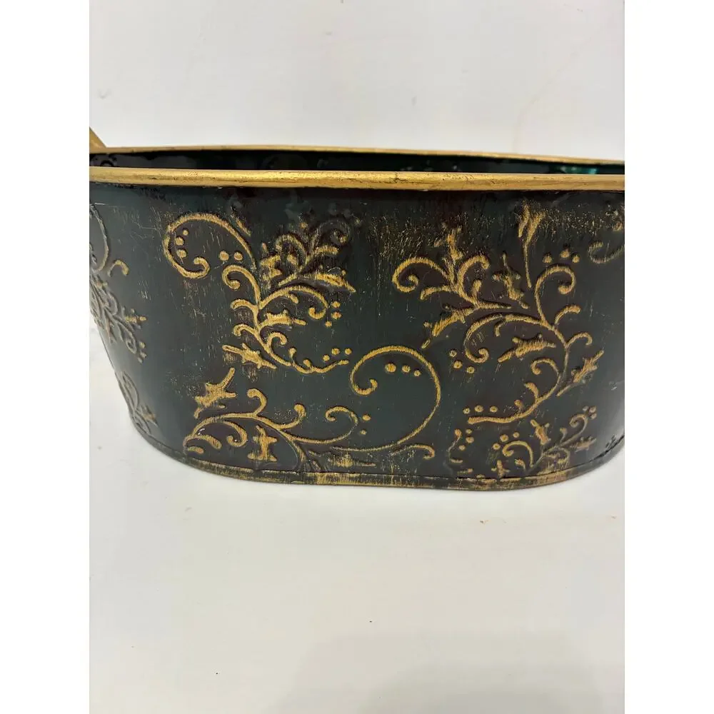 Metal Cachepot Black Gold Embossed Planter Container